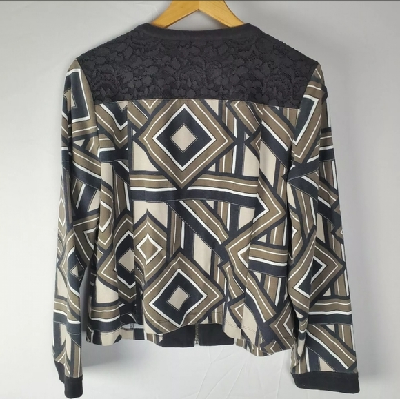 Chicos 2 Blazer Jacket Full Zip Geometric Stretch Lace Black Beige Large - Picture 2 of 8